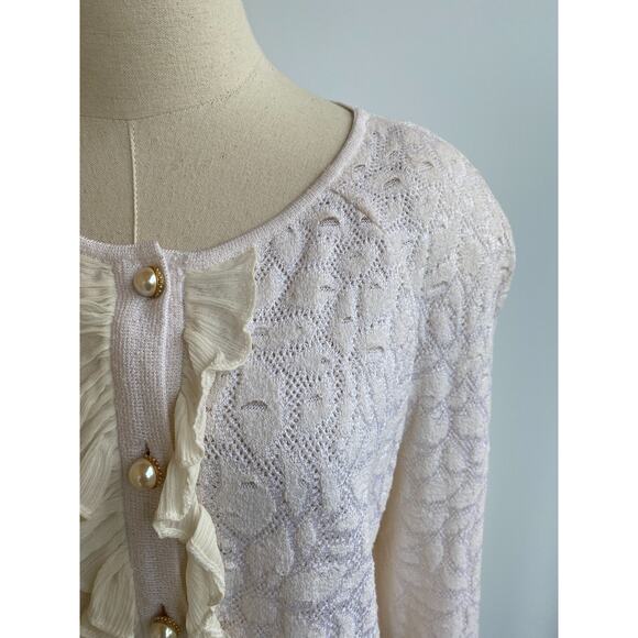 St. John Collection Ivory Cream Sweater Cardigan Pearl Buttons Ruffle Zip Sz M - Picture 2 of 7